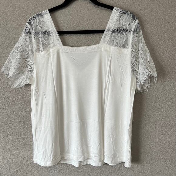 Lace White Short Sleeve Deep V-Neck Square Back Elevated Basic T-Shirt Large - Picture 4 of 6